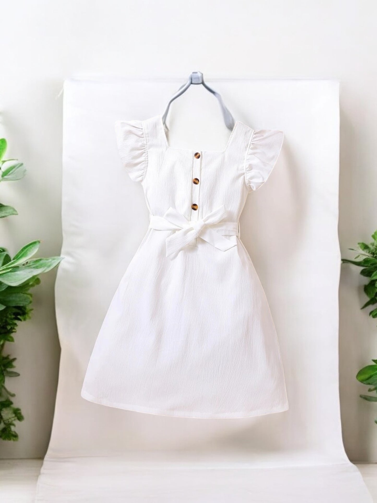 Beach white with brown top button girl dress