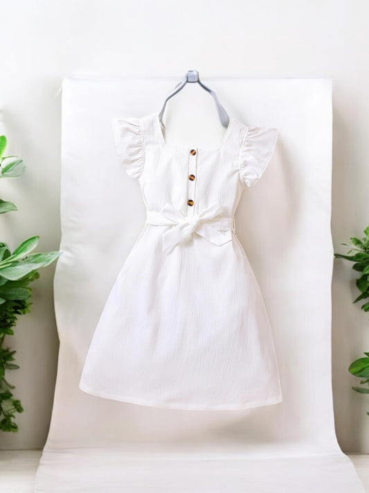 Beach white with brown top button girl dress