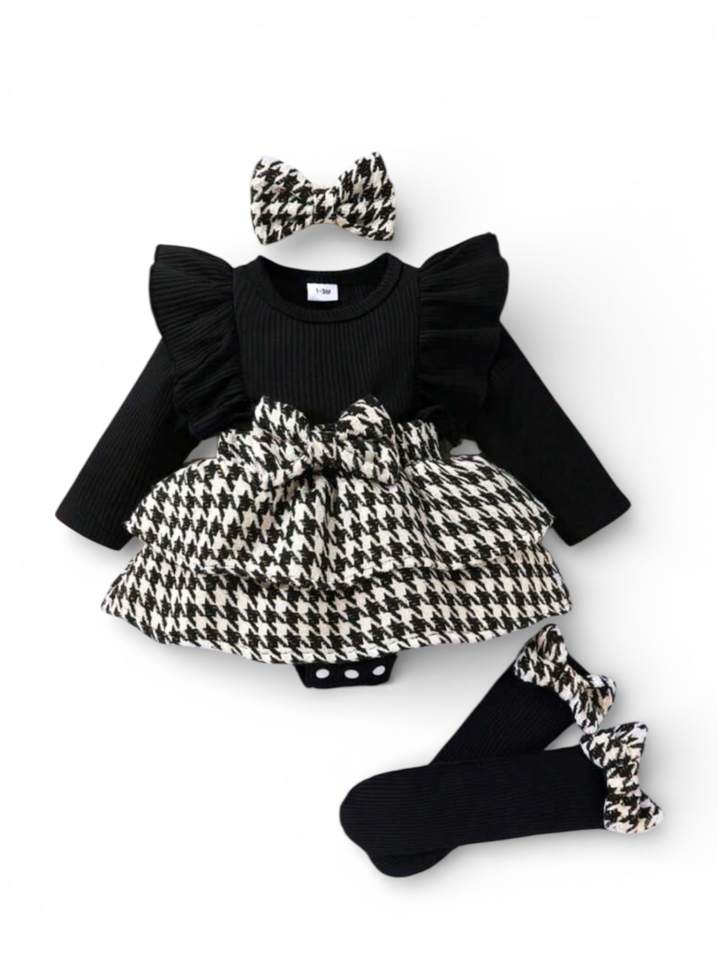 Black & white plaid baby romper set with socks & headband