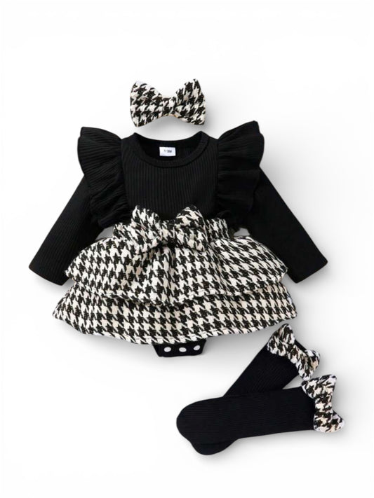 Black & white plaid baby romper set with socks & headband