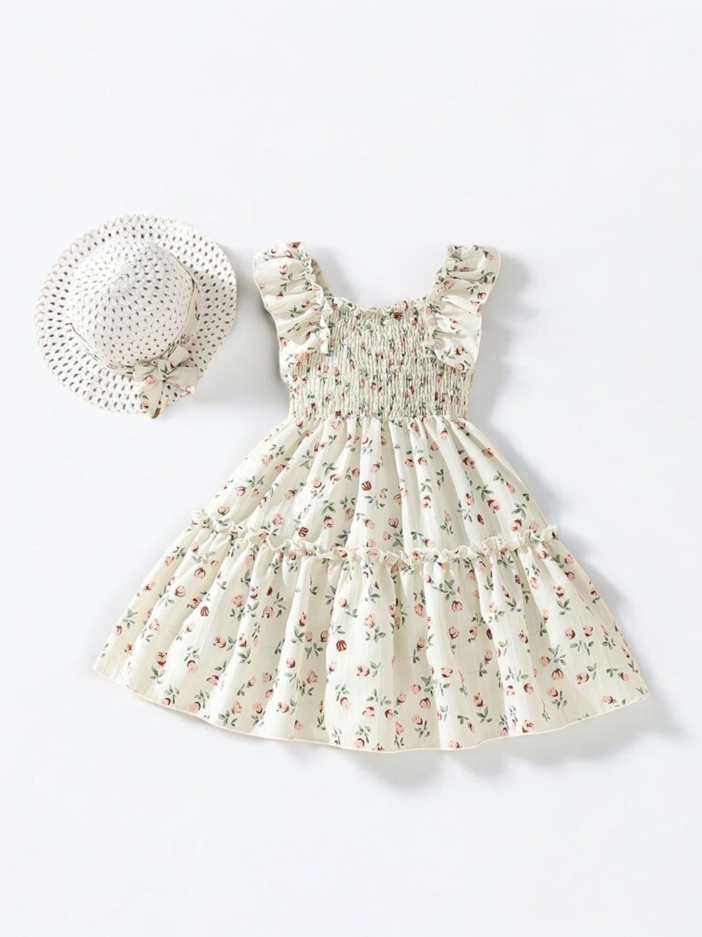 Beige floral Dress with hat girls dress set