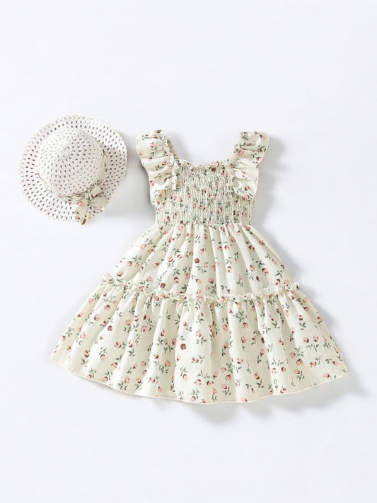 Beige floral Dress with hat girls dress set