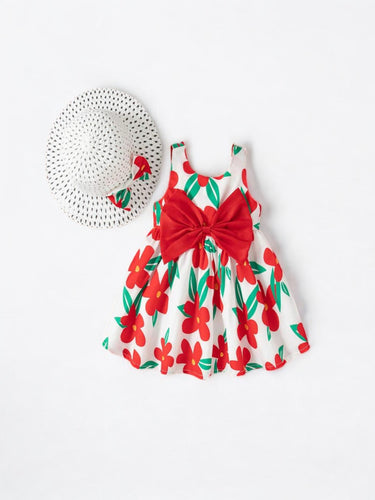 White with red flowers baby dress with hat