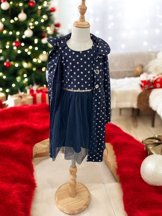 Lilts polka dot navy blue girl formal dress with coat