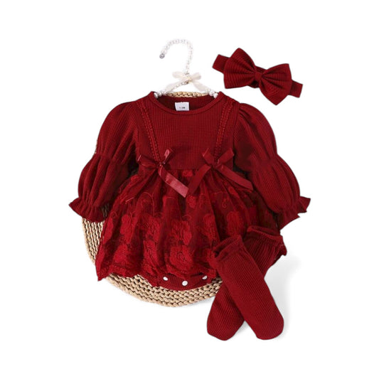 3pc burgundy  romper dress set
