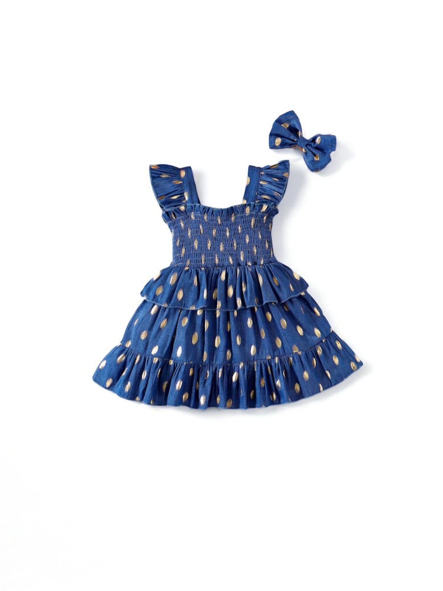 Blue with gold dots girls dress with headband