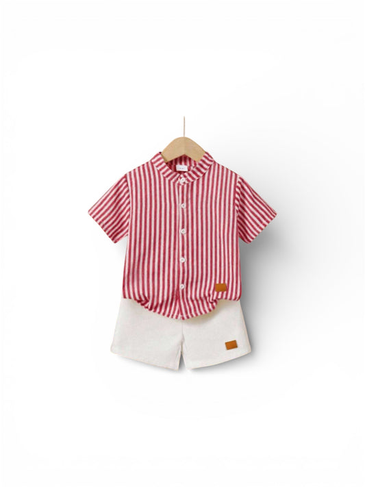 Red & white stripe shirt with white shirt pants baby 2pc set