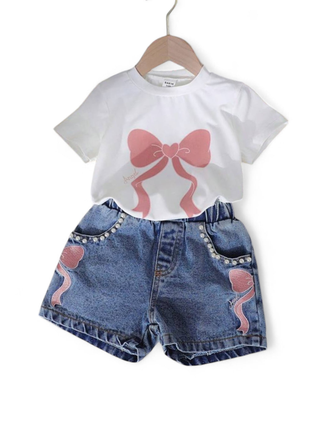 Girls set white top with pink bow & denim pearl pants