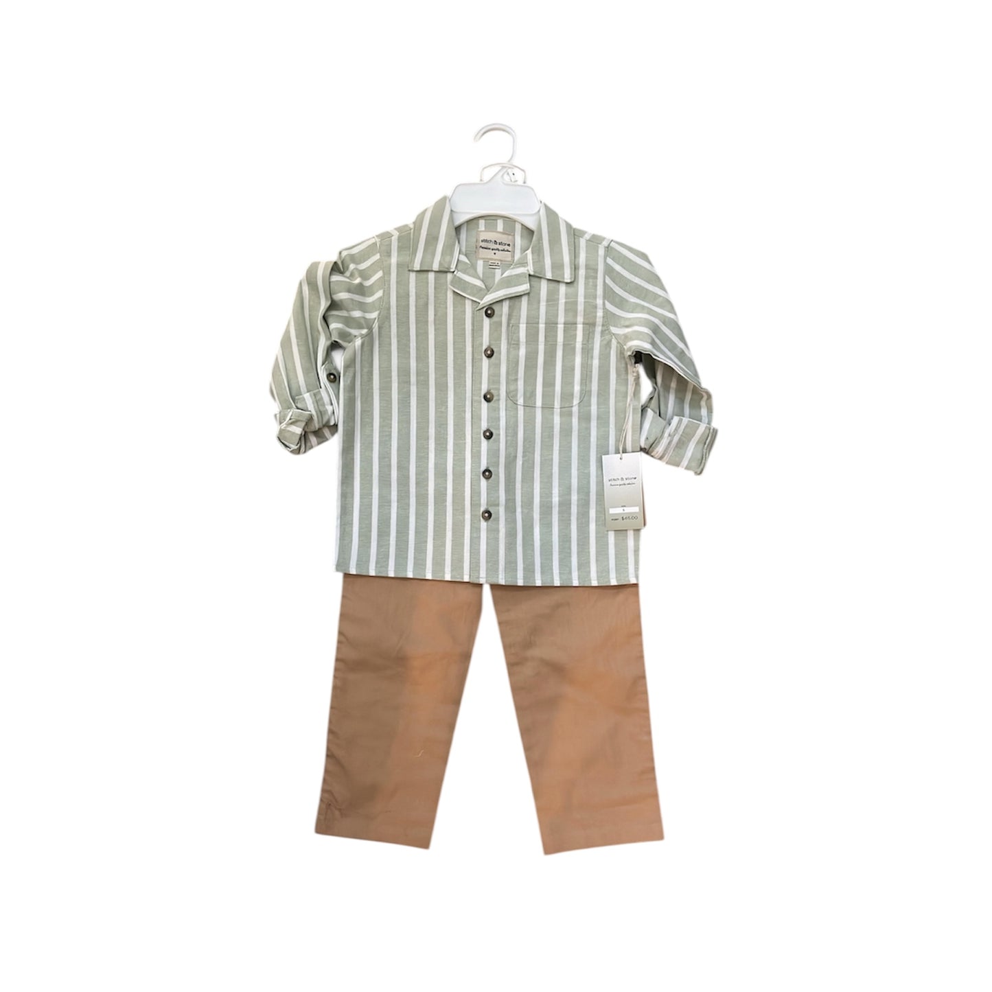 Green & white stripe shirt with khaki long pants 2pc boys set