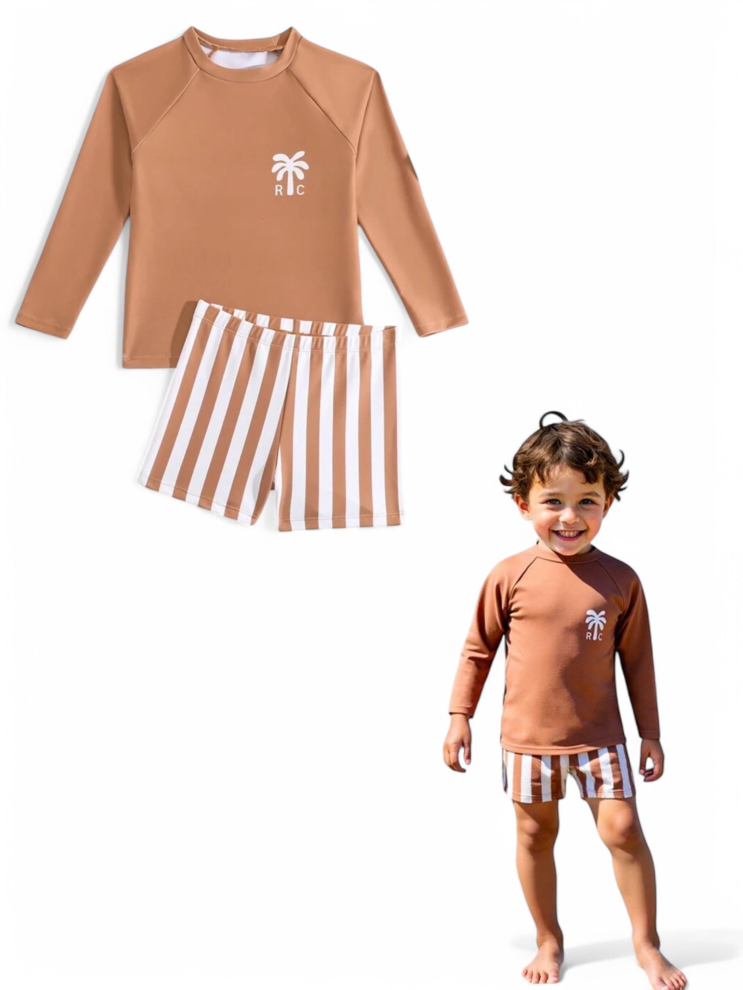 Brown white stripe baby swimsuit set
