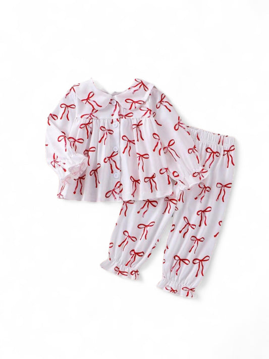 Red & white bow baby pj set