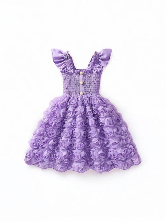 purple girl  dress with pearl buttons