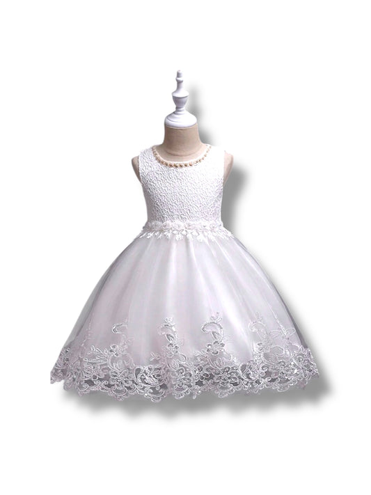 White formal girl dress with pearl neck lining