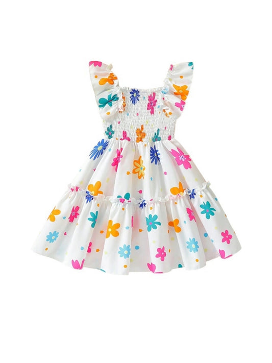 White with Mulitcolor flowers girl dress