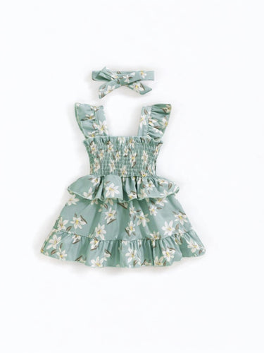 Green with floral print baby dress with headband