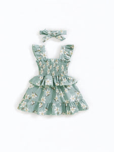 Green with floral print baby dress with headband