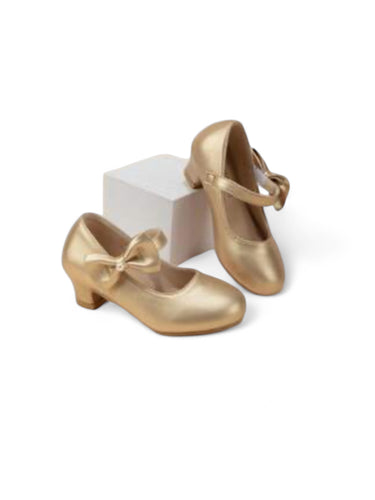 Gold with pearl bow Velcro strap girl formal shoes 2k5