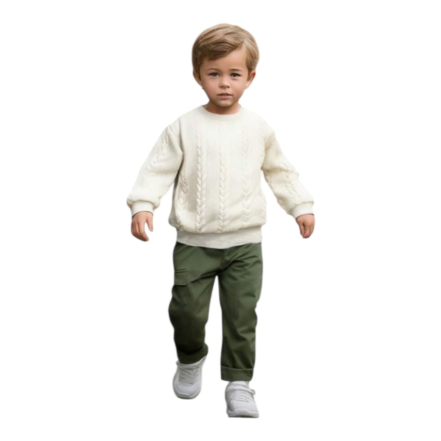 Boy 2pc beige sweater and green cargo pants