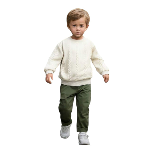 Boy 2pc beige sweater and green cargo pants