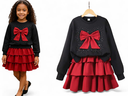 Red & black pre teen girls sweater and skirt set