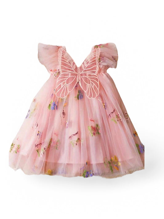 Pink butterfly floral tulle girl dress