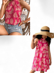 Mommy & me Leaf print pink  girl dress