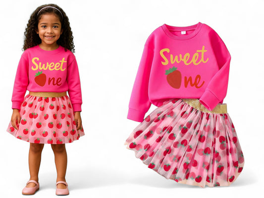 Sweet one  strawberry sweater & skirt  girls set