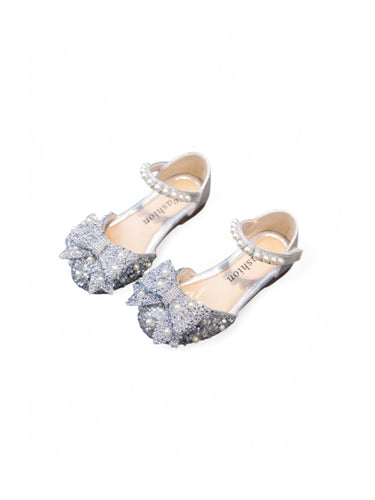 Girl silver formal shoes with pearl bow & strap