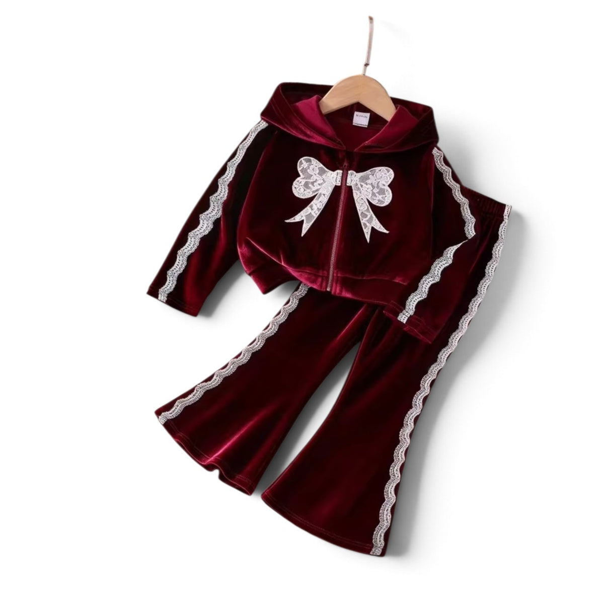 Burgundy velvet  lace girls 2pc 2k6 set