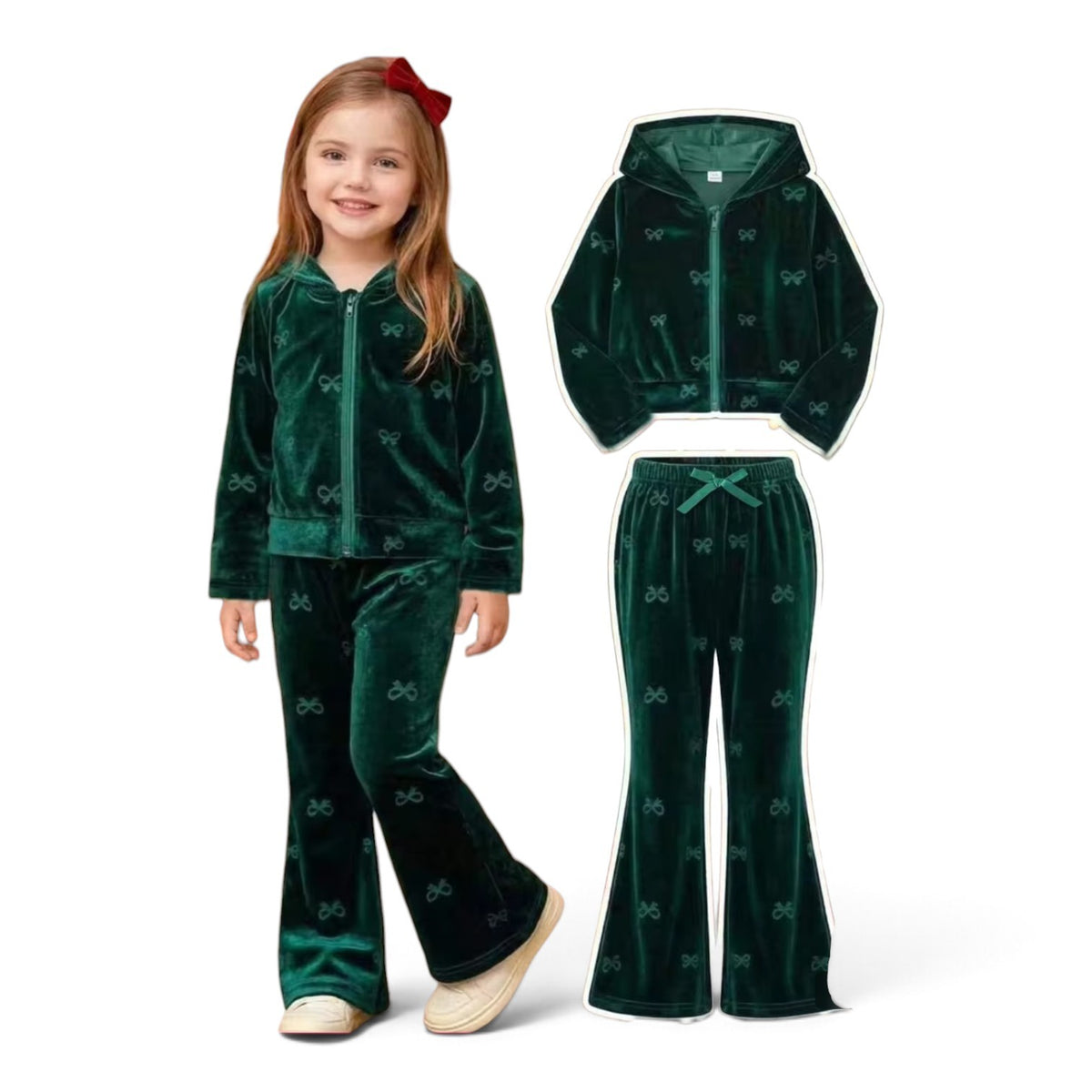 Green velvet bow girls 2pc track set 2k6