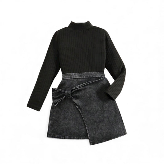 Pre teen black denim skirt with black long sleeve girls set