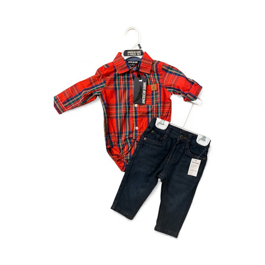 Red plaid American hawk boys 2pc set
