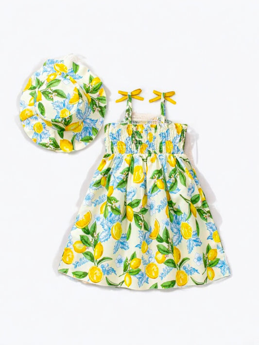 Lemon  print girl dress with hat