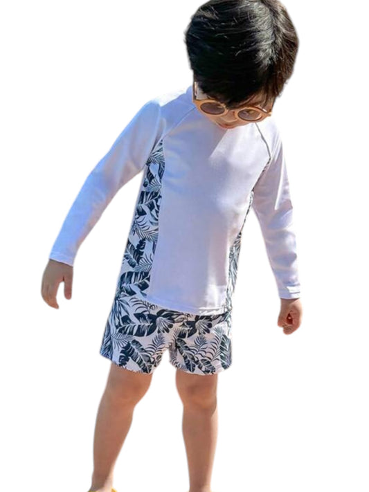 White with leaves print long sleeve boy swimsuit 2pc