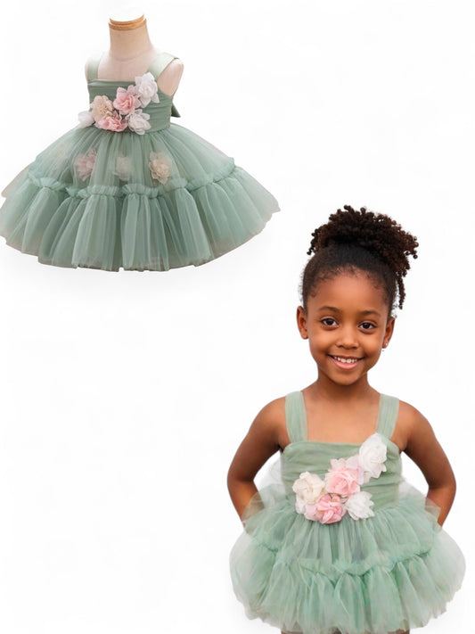 Green pastel floral Easter  girl dress