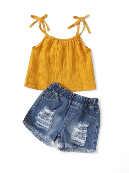 Mustard top with denim bottom girls set