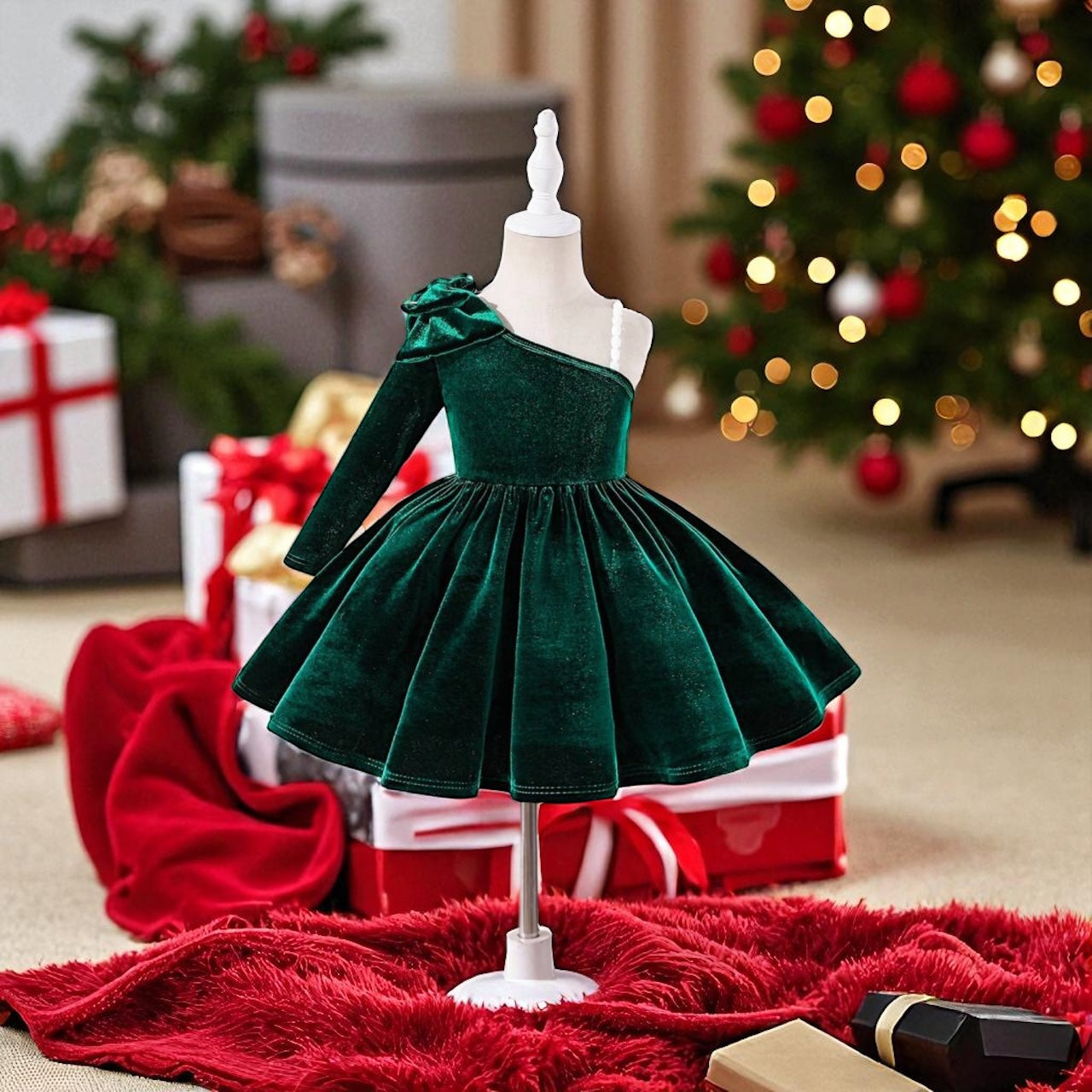 Green suede girls Christmas dress