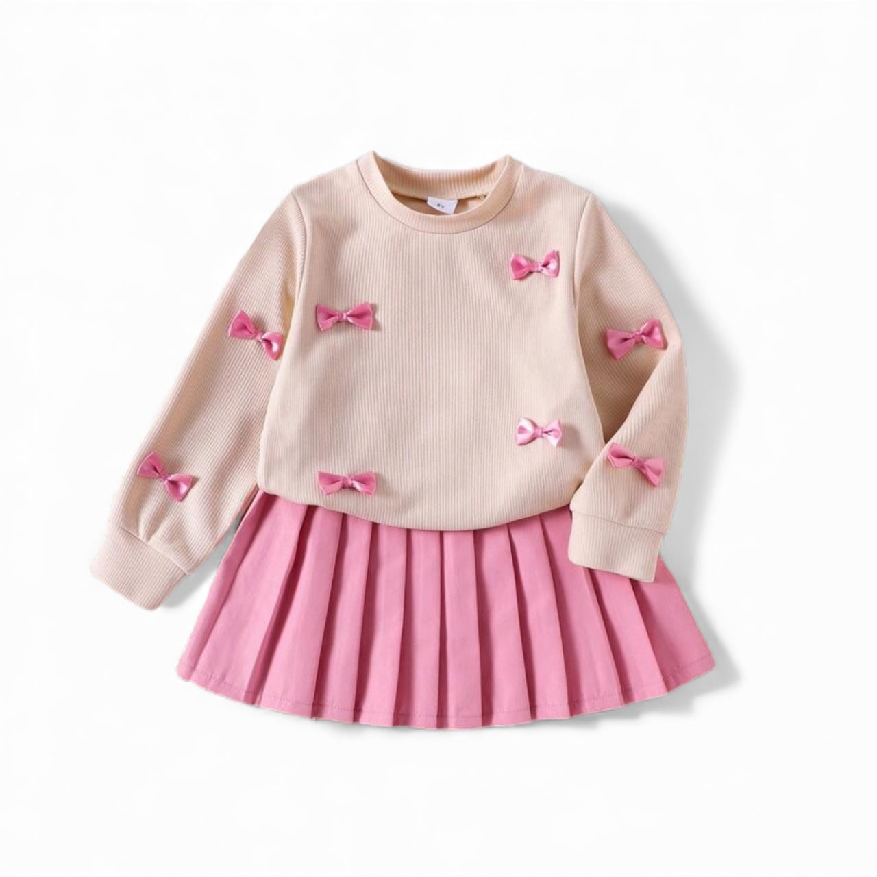 Pink bow sweater with pleated pink skirt girls set