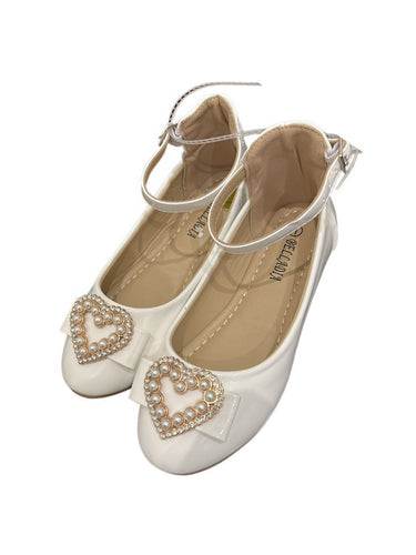 White shoes with pearl heart girls formal shoes