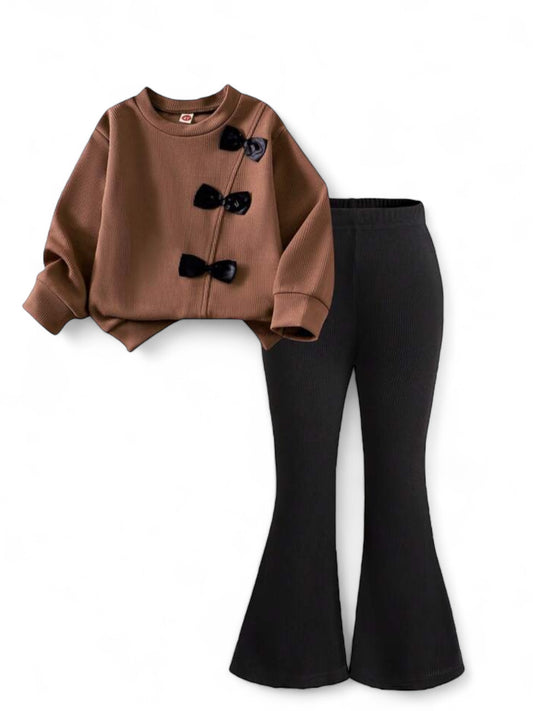 Brown sweater with black long pants girls set