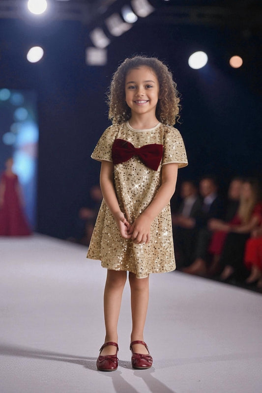 Gold girls dress with burgundy bow