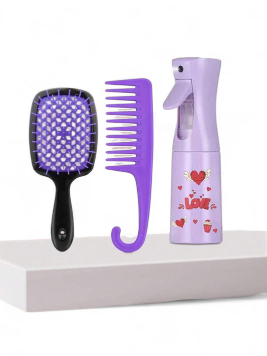 Purple 3pc girl hair care  comb , brush & spray bottle set