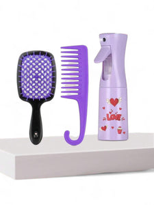 Purple 3pc girl hair care  comb , brush & spray bottle set