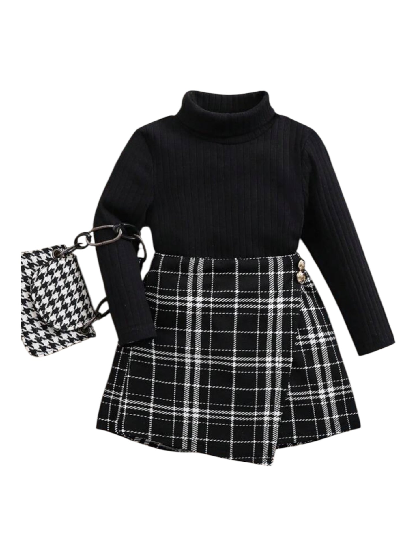 Black long sleeve top with black & white skirt pants baby set