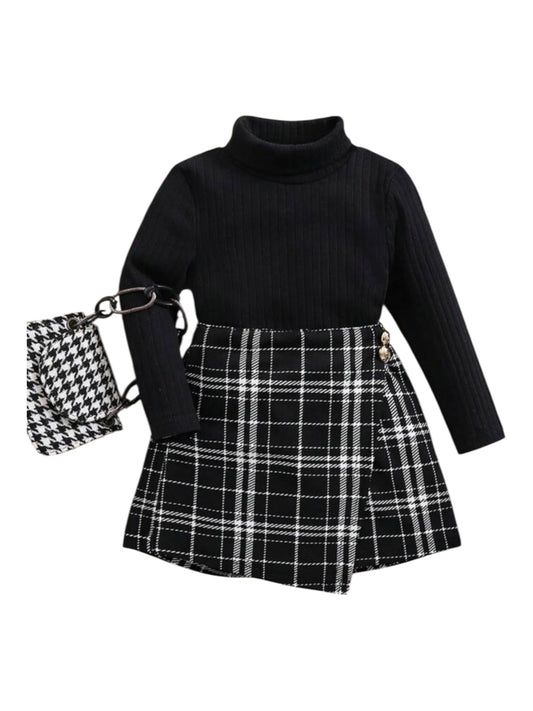 Black long sleeve top with black & white skirt pants baby set