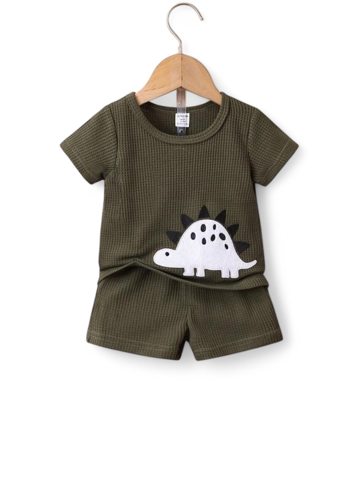 Army green Dino embroidery waffle knit boy baby set