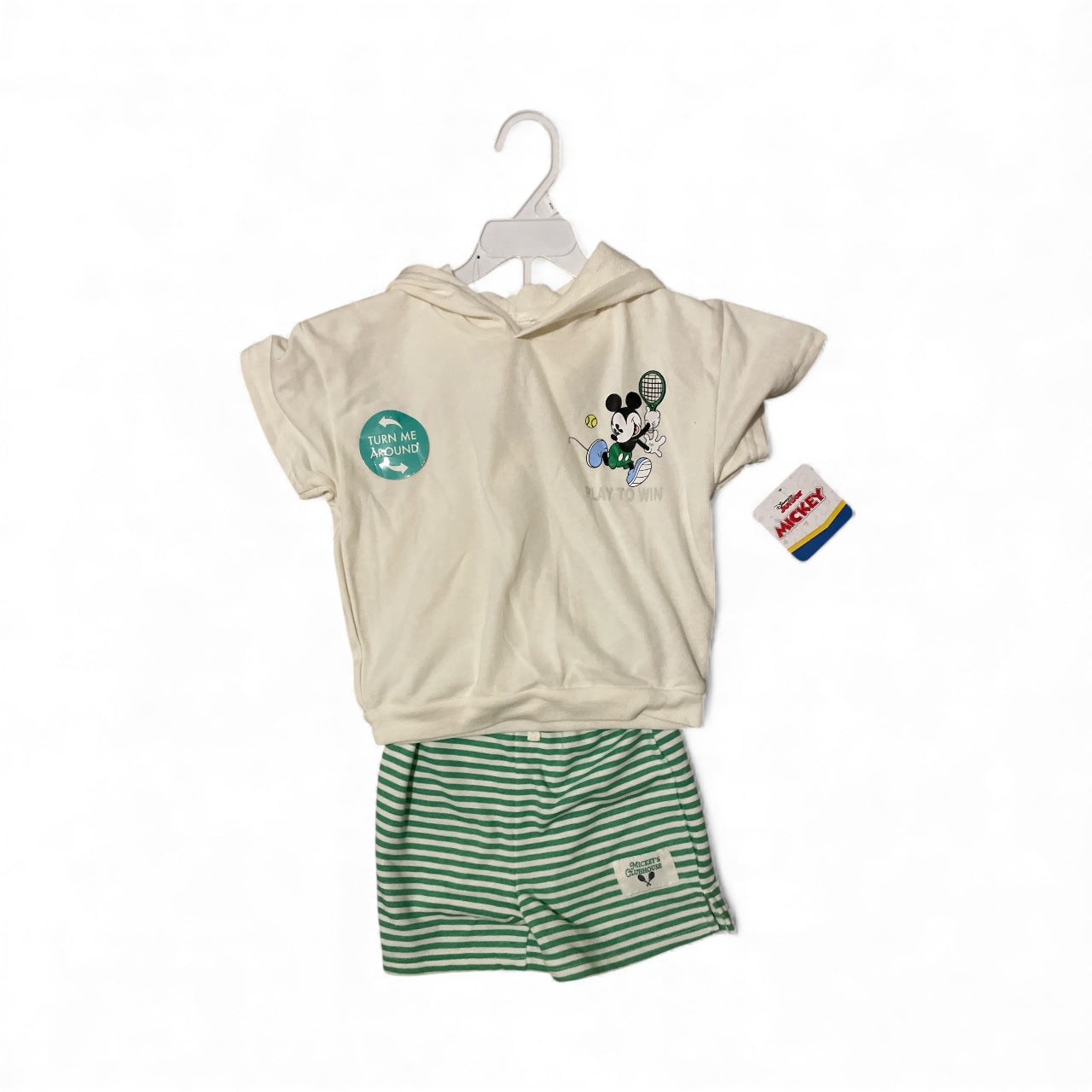 Play to win 2pc green stripe beige top Mickey Mouse set
