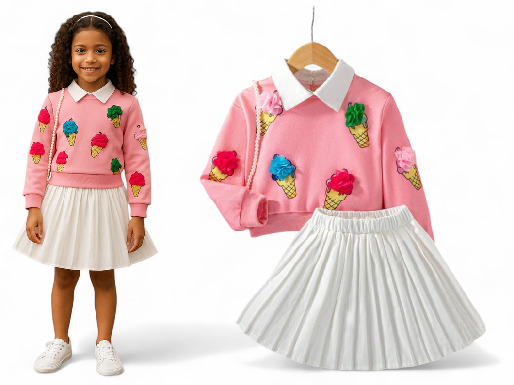 Ice cream pink sweater with white pleated skirt 2pc girls set