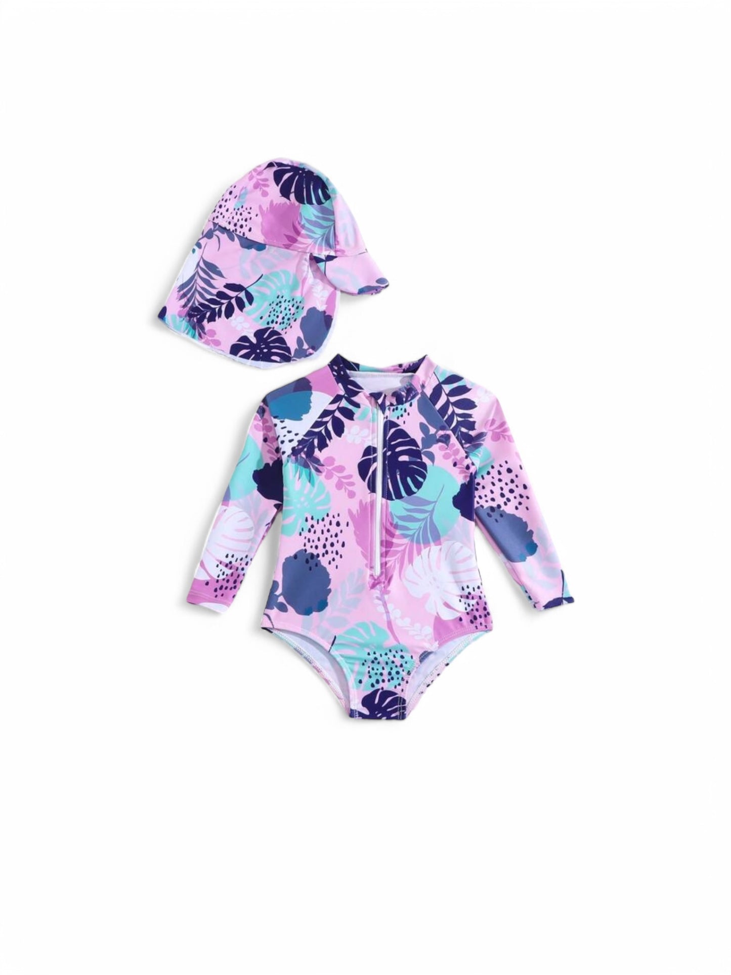 Purple leafy print long sleeve one piece with hat girls baby swimsuit