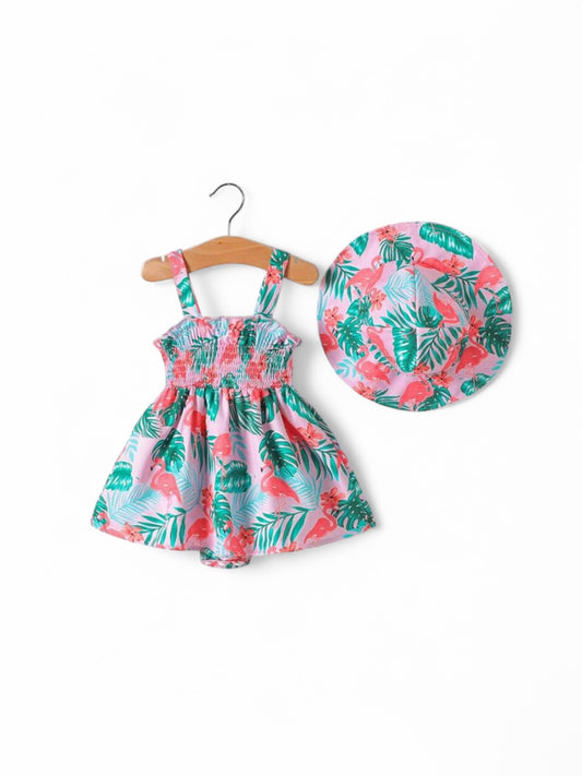 2pc baby flamingo dress romper with hat